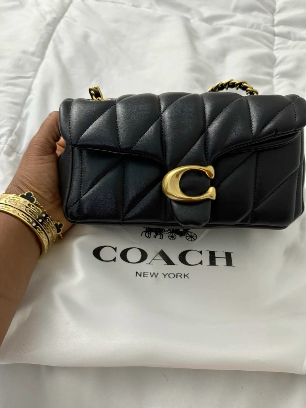Black Quilted Leather Shoulder Bag with Gold 'C' Accent